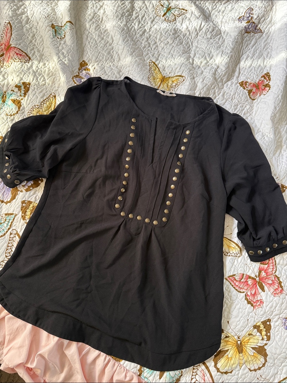 41 Hawthorn Black Stud-Trim Puff Sleeve Tunic